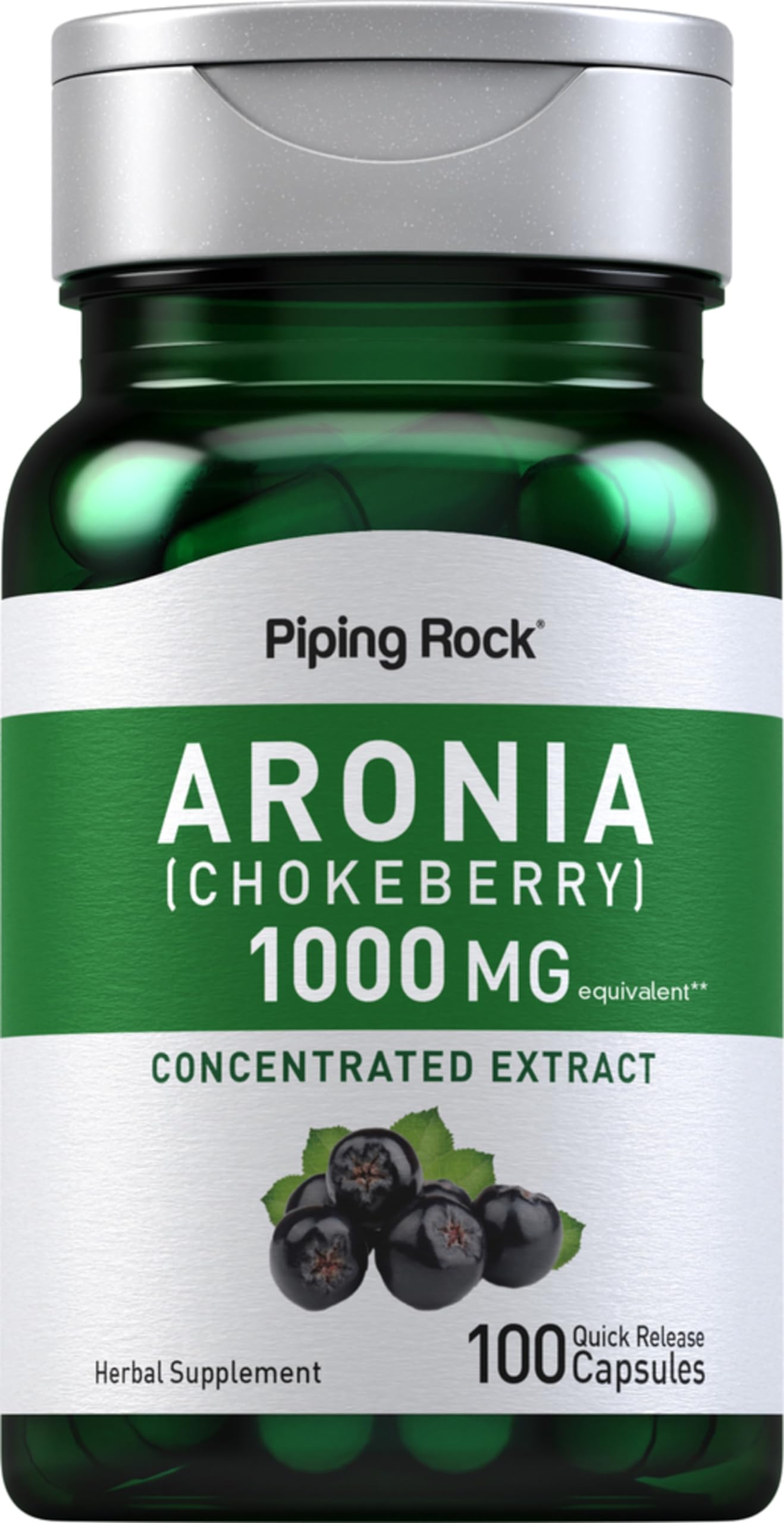 Piping Rock Aronia Berry Capsules bottle front, convenient daily supplement for healthy living.