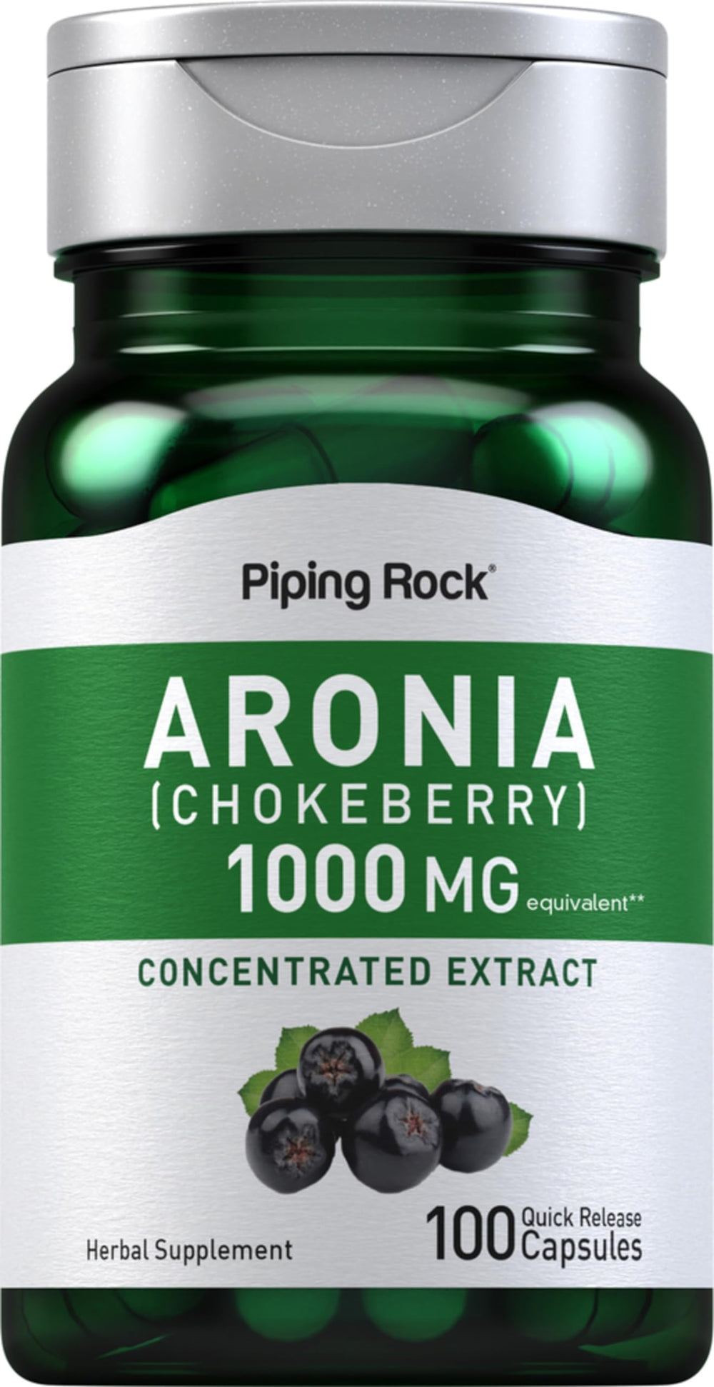 Piping Rock Aronia Berry Capsules bottle front, convenient daily supplement for healthy living.