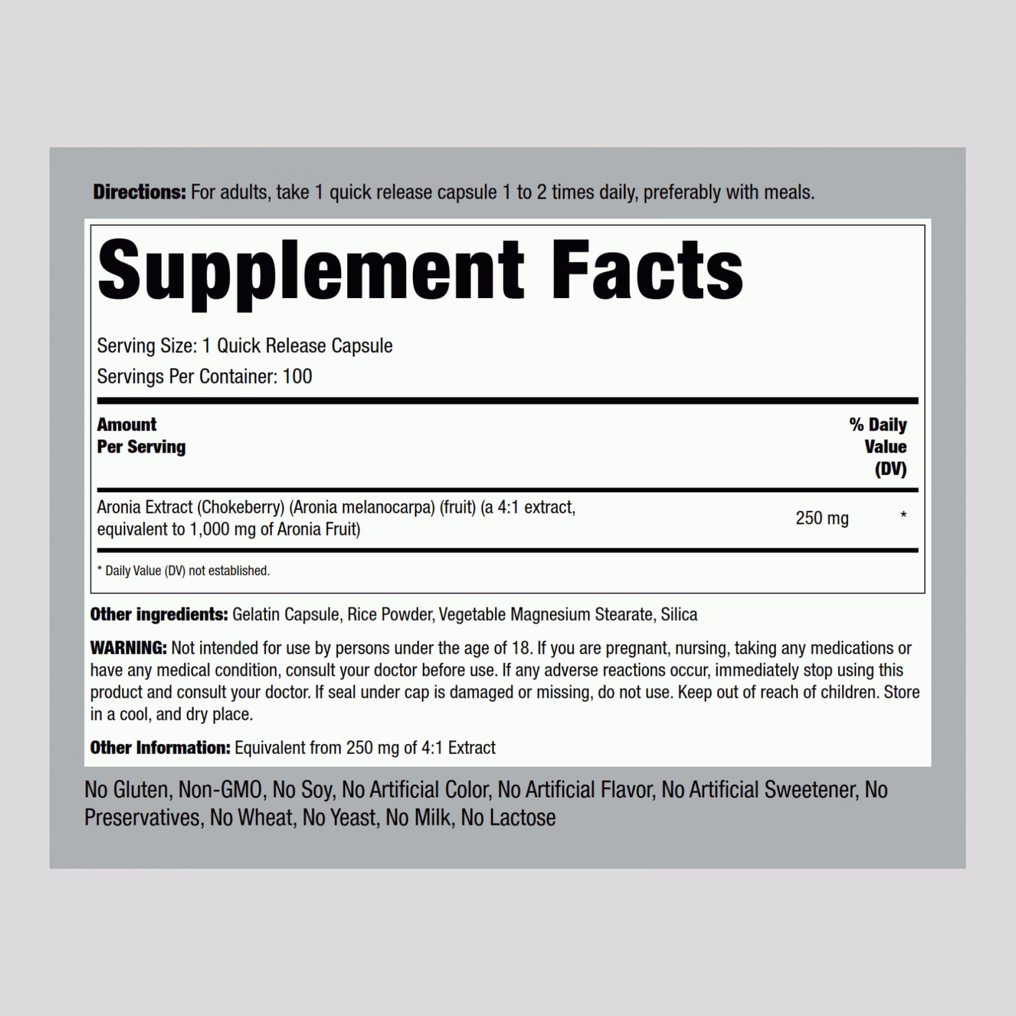 Piping Rock Aronia Berry Capsules label closeup highlights non-GMO and gluten-free features.