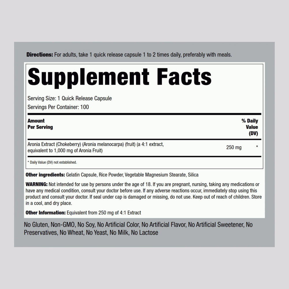 Piping Rock Aronia Berry Capsules label closeup highlights non-GMO and gluten-free features.