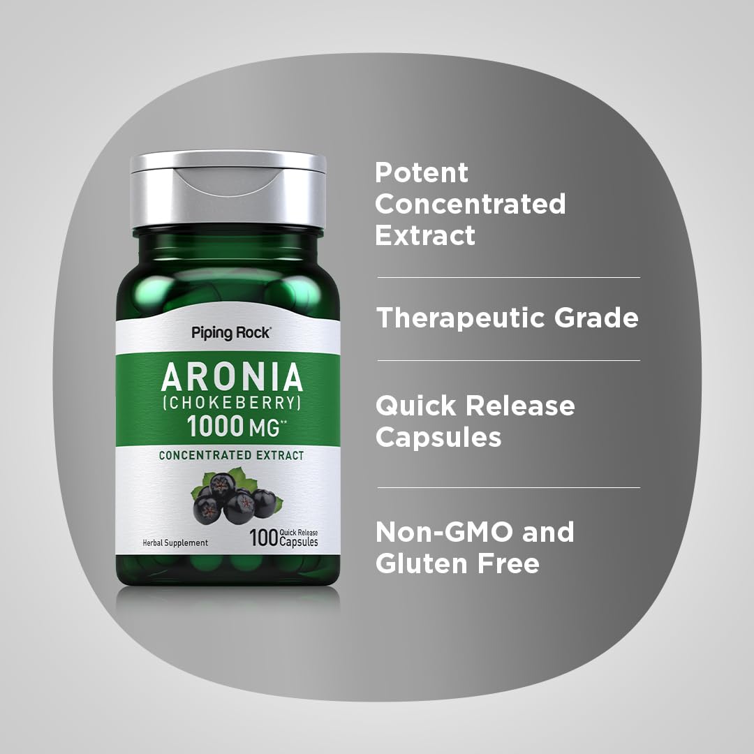 Piping Rock Aronia Berry Capsules packaging box showcases purity and safety emphasis.