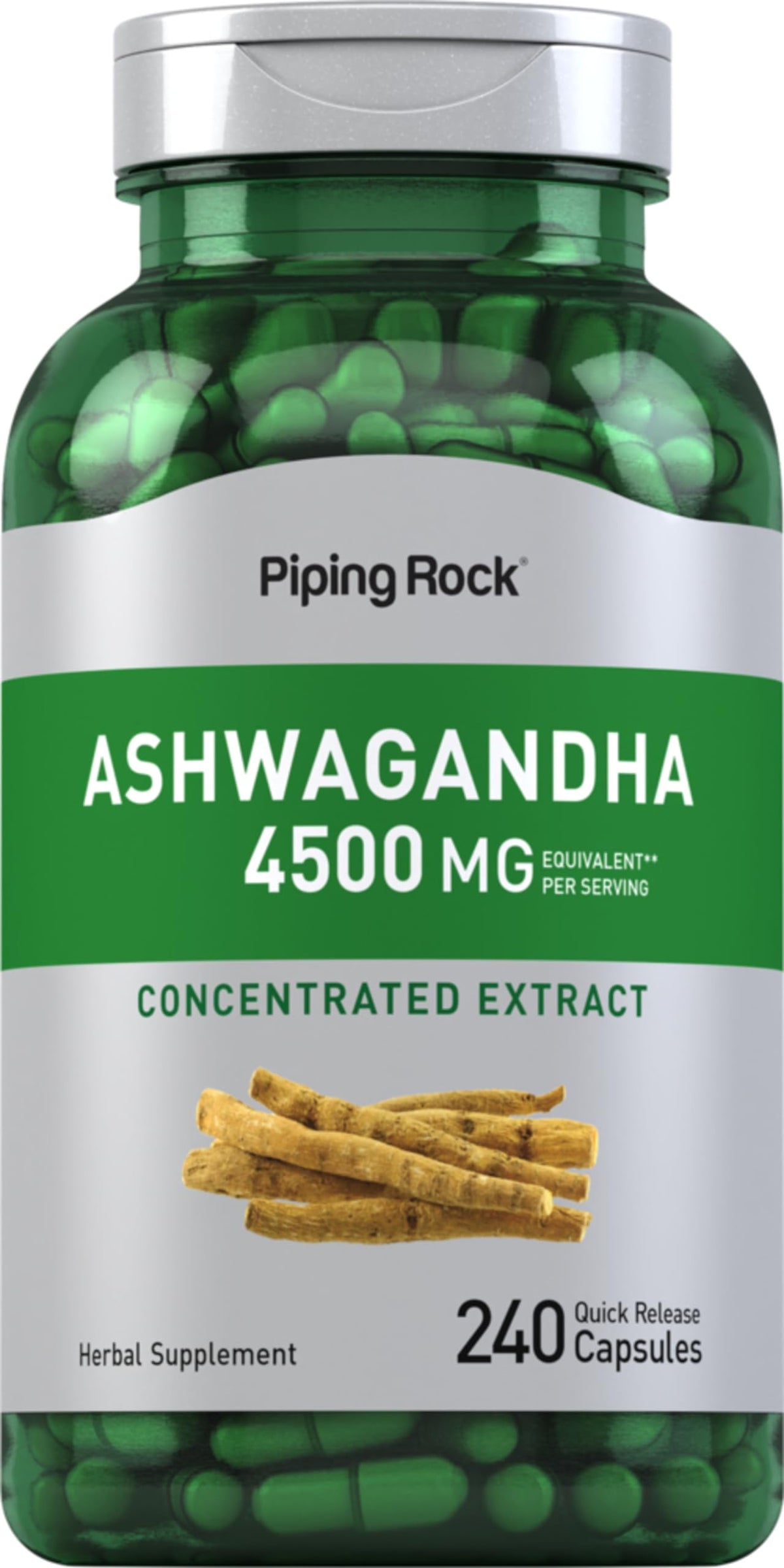 Piping Rock Ashwagandha bottle cap close-up for daily balance support.