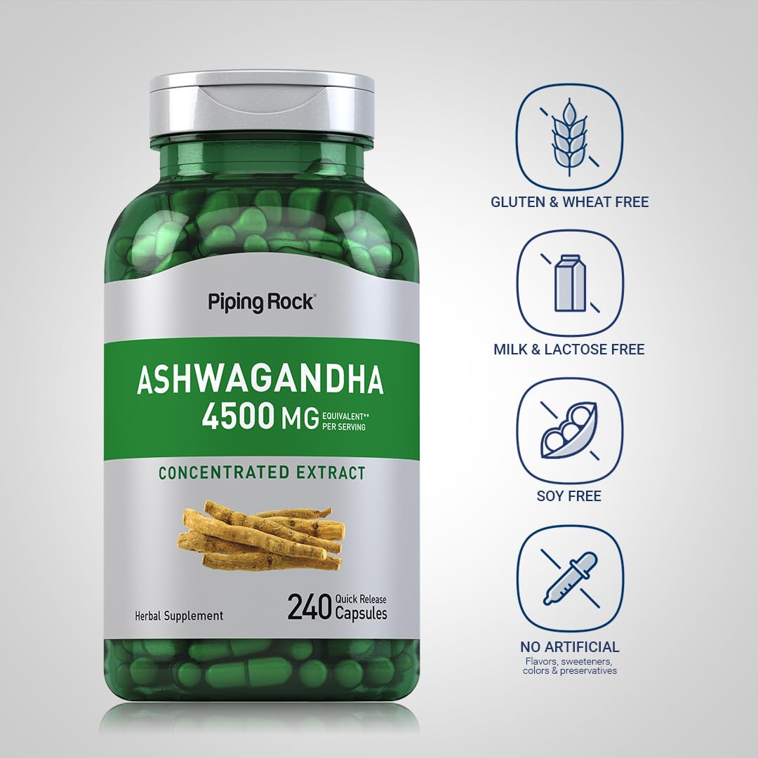 Piping Rock Ashwagandha bottle label detail highlighting non-GMO and gluten-free.