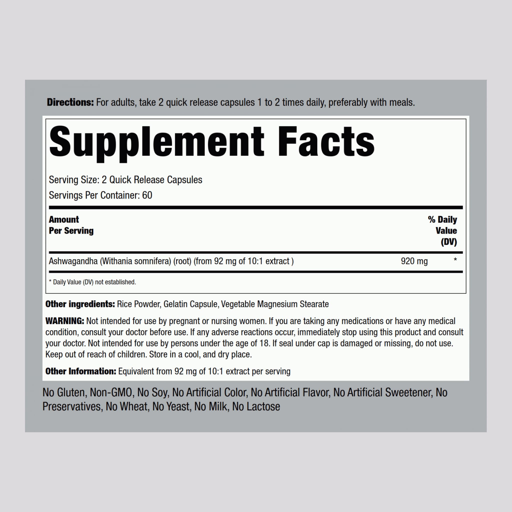 Piping Rock Ashwagandha capsules close-up, easy-to-swallow daily supplement.