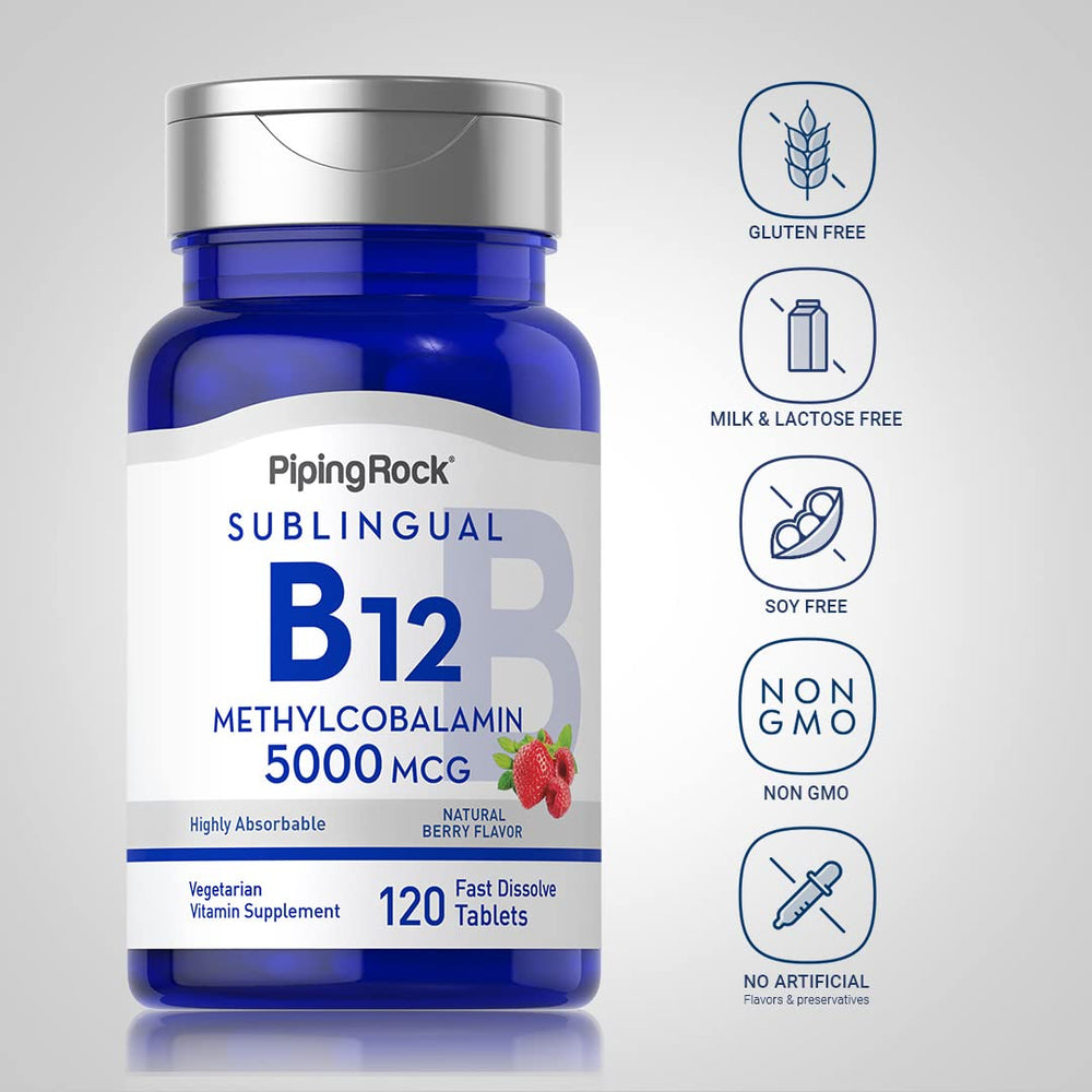Piping Rock B12 5000 mcg close-up emphasizes berry flavor taste.