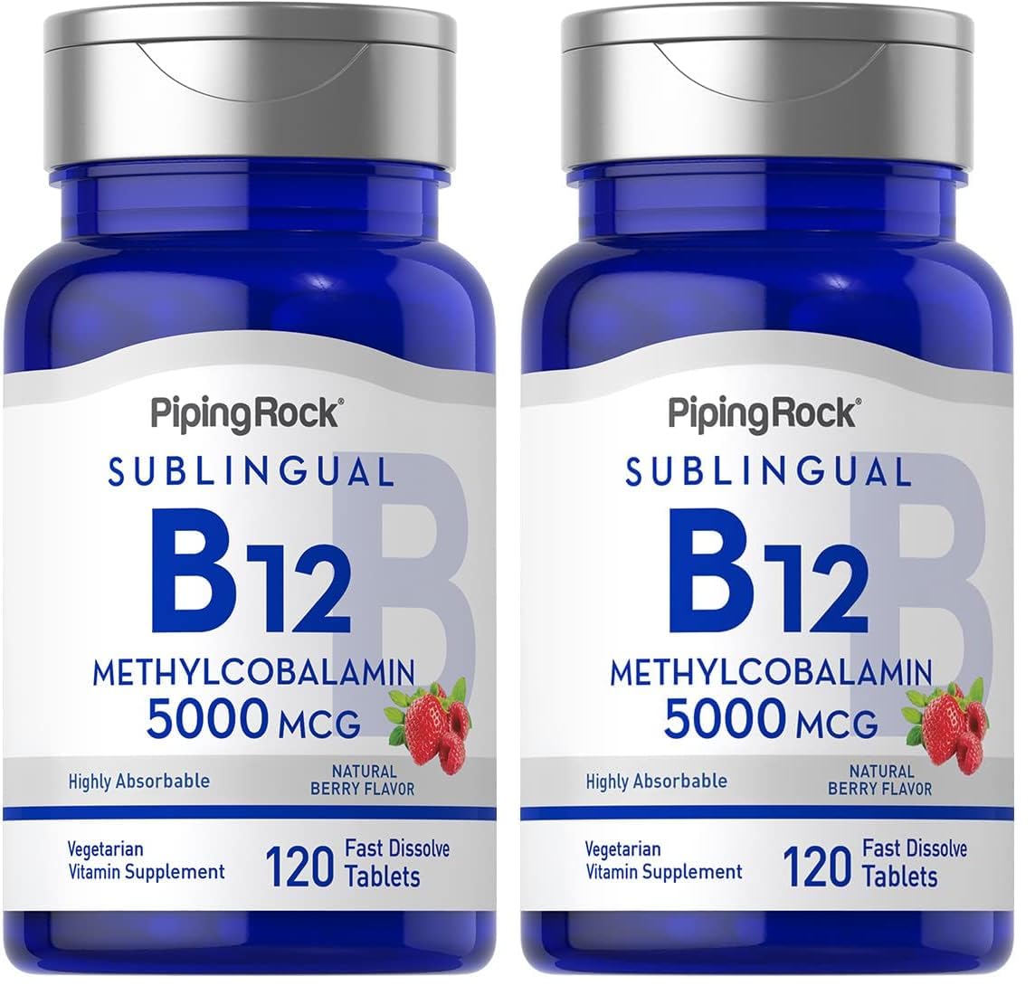 Piping Rock B12 bottle with berry flavor highlights easy daily dosing.