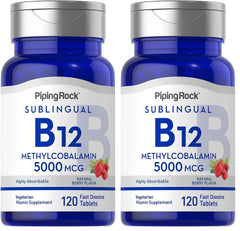 Piping Rock B12 bottle with berry flavor highlights easy daily dosing.