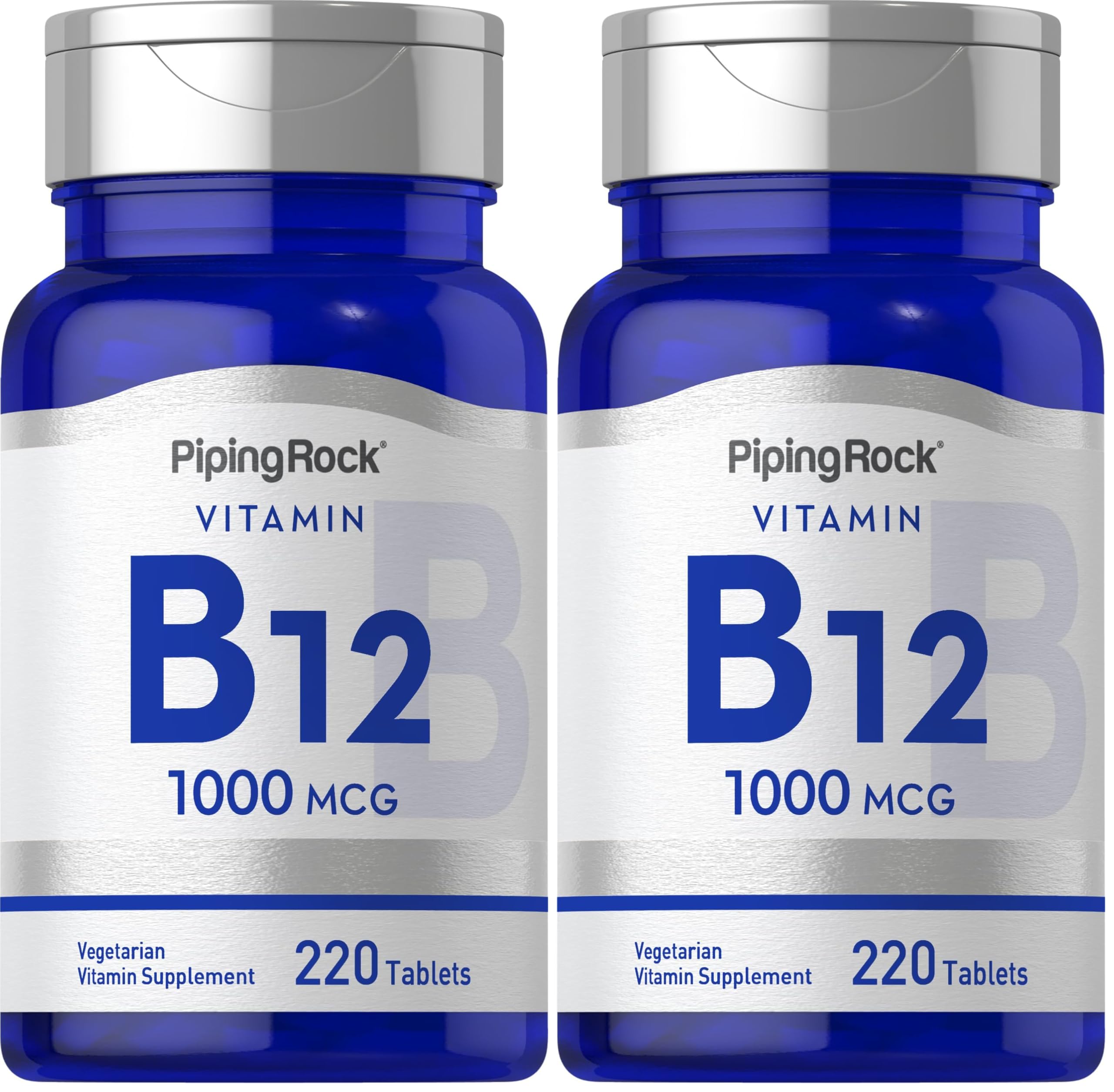 Piping Rock B12 bottle front showing high-potency cyanocobalamin for daily use
