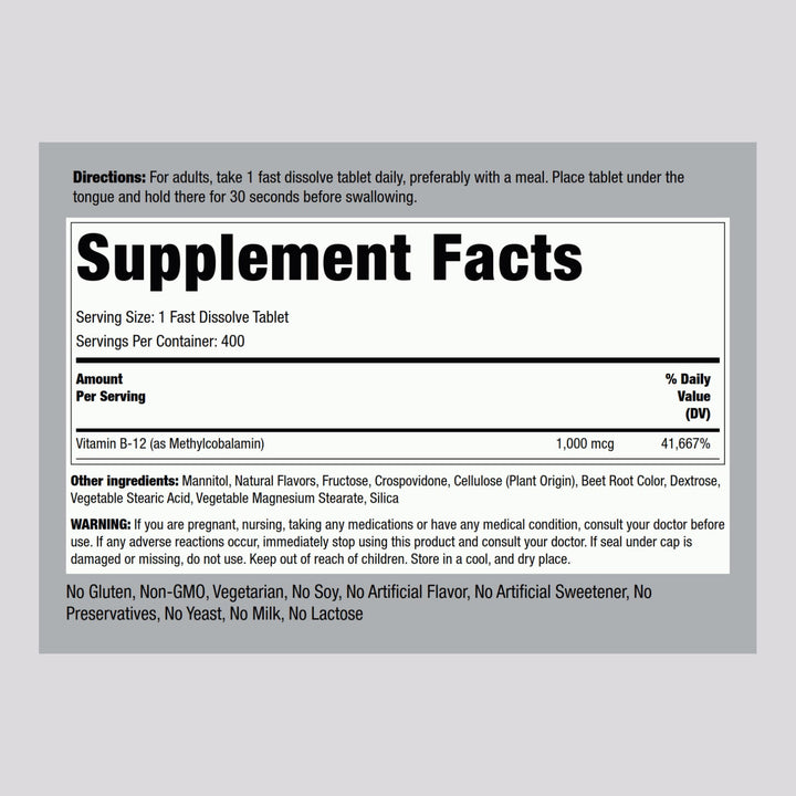 Piping Rock B12 sublingual 1000 mcg tablets highlight high potency.