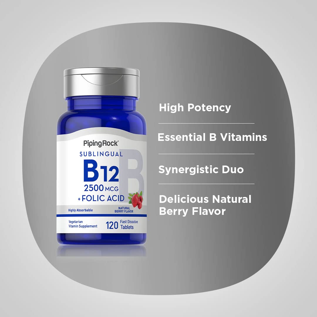 Piping Rock B12 Sublingual berry flavor tablets, pleasant taste to encourage daily use.