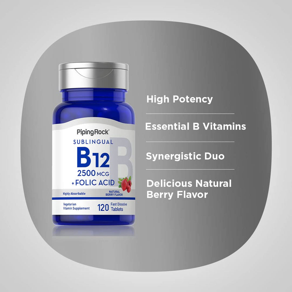 Piping Rock B12 Sublingual berry flavor tablets, pleasant taste to encourage daily use.