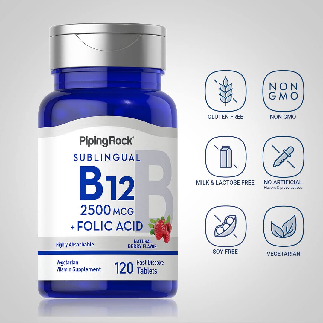 Piping Rock B12 Sublingual fast-dissolve tablets being poured, smooth melt on tongue.