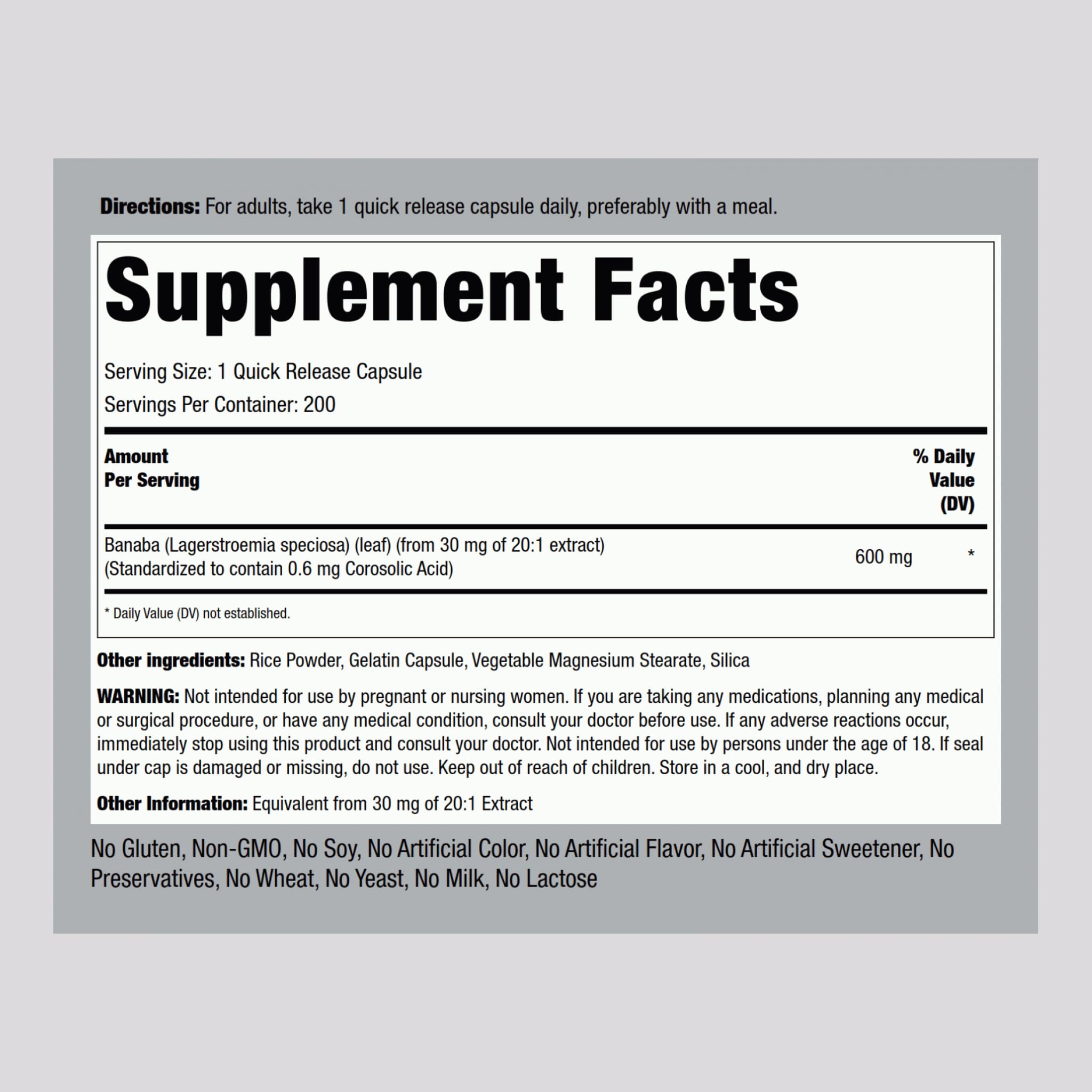 Piping Rock Banaba Leaf Extract capsules pack front shows 200-count bottle