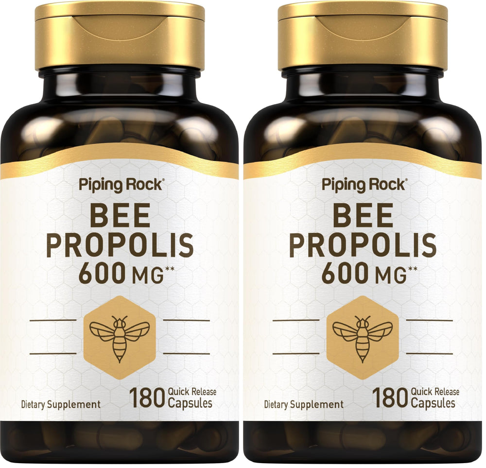 Piping Rock Bee Propolis capsules bottle with potent 600 mg extract.