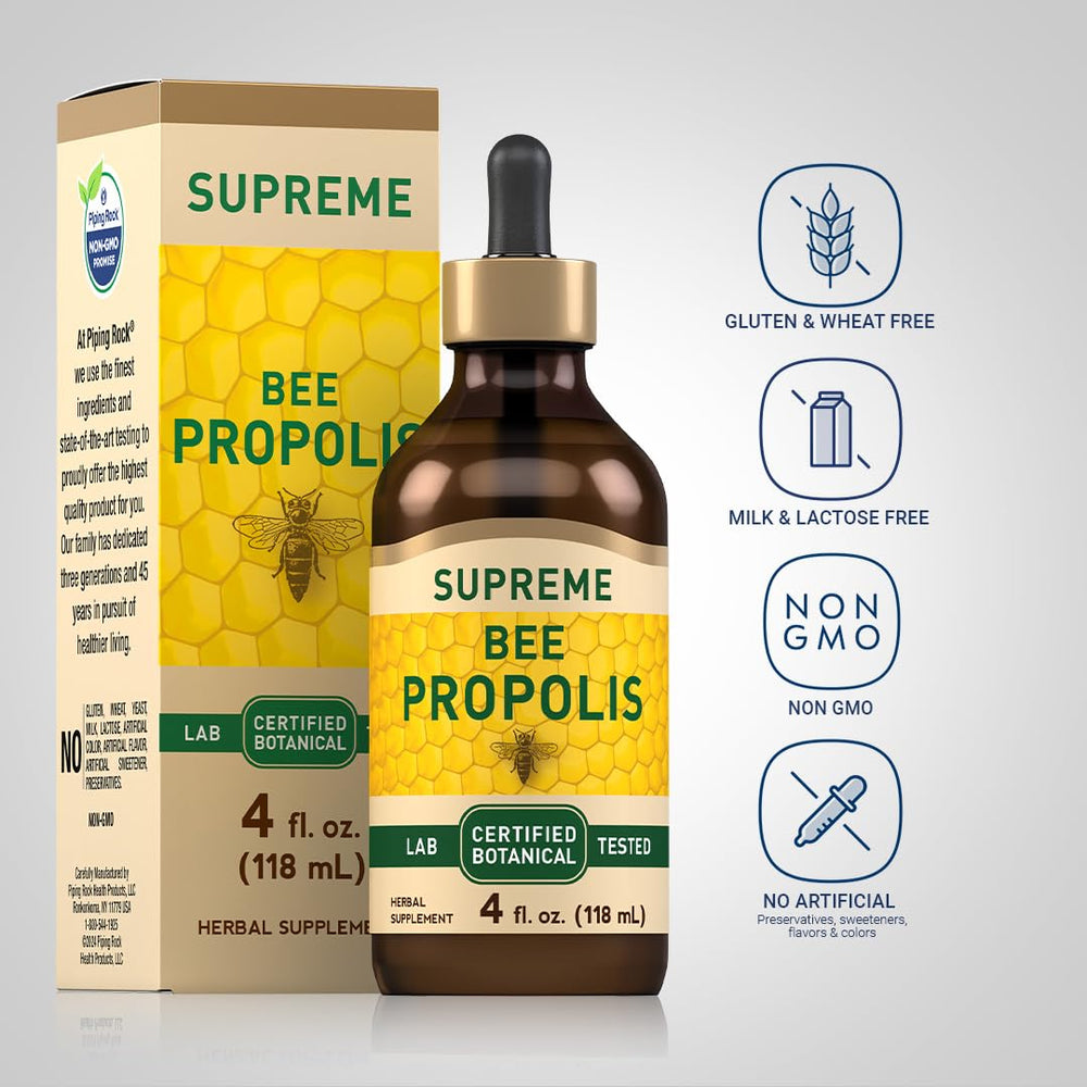 Piping Rock Bee Propolis tincture label close-up showing trusted botanical formula.
