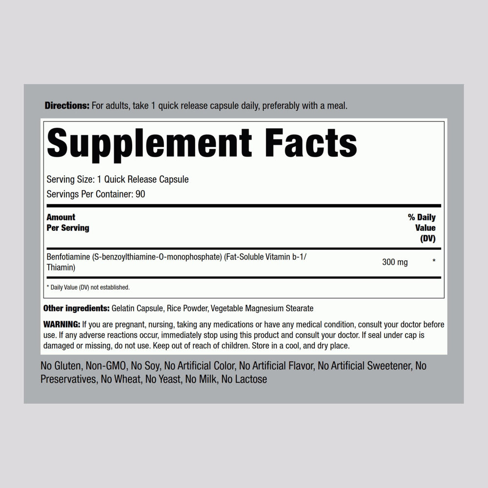 Piping Rock Benfotiamine 300mg bottle on table for daily wellness routine.