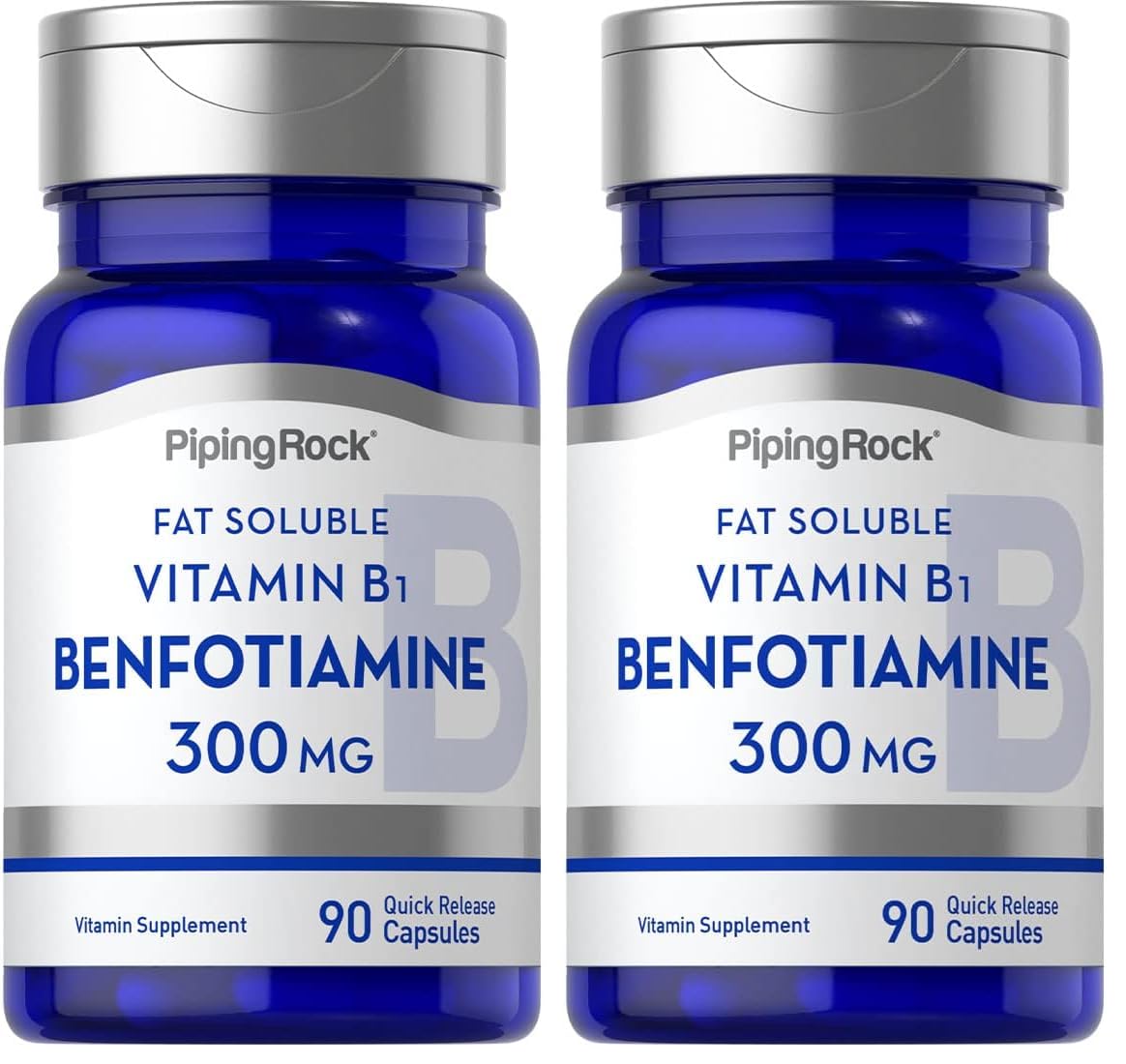 Piping Rock Benfotiamine 300mg capsules close-up, quick-release design for daily use.