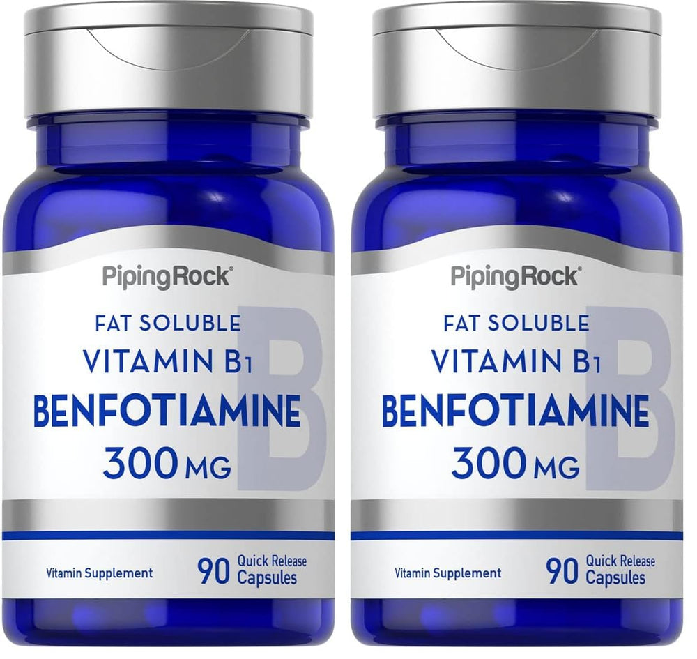 Piping Rock Benfotiamine 300mg capsules close-up, quick-release design for daily use.