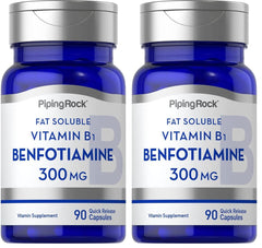 Piping Rock Benfotiamine 300mg capsules close-up, quick-release design for daily use.