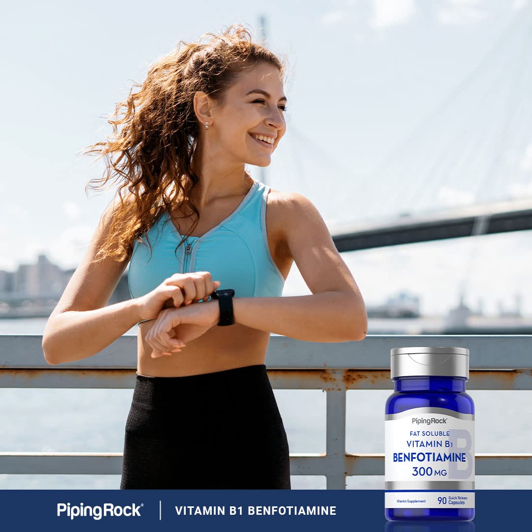 Piping Rock Benfotiamine 300mg bottle showcases gluten-free non-GMO claim.