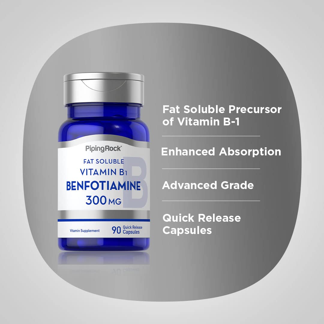 Piping Rock Benfotiamine 300mg pack-shot shows two bottles for steady supply.