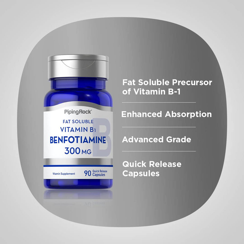 Piping Rock Benfotiamine 300mg pack-shot shows two bottles for steady supply.