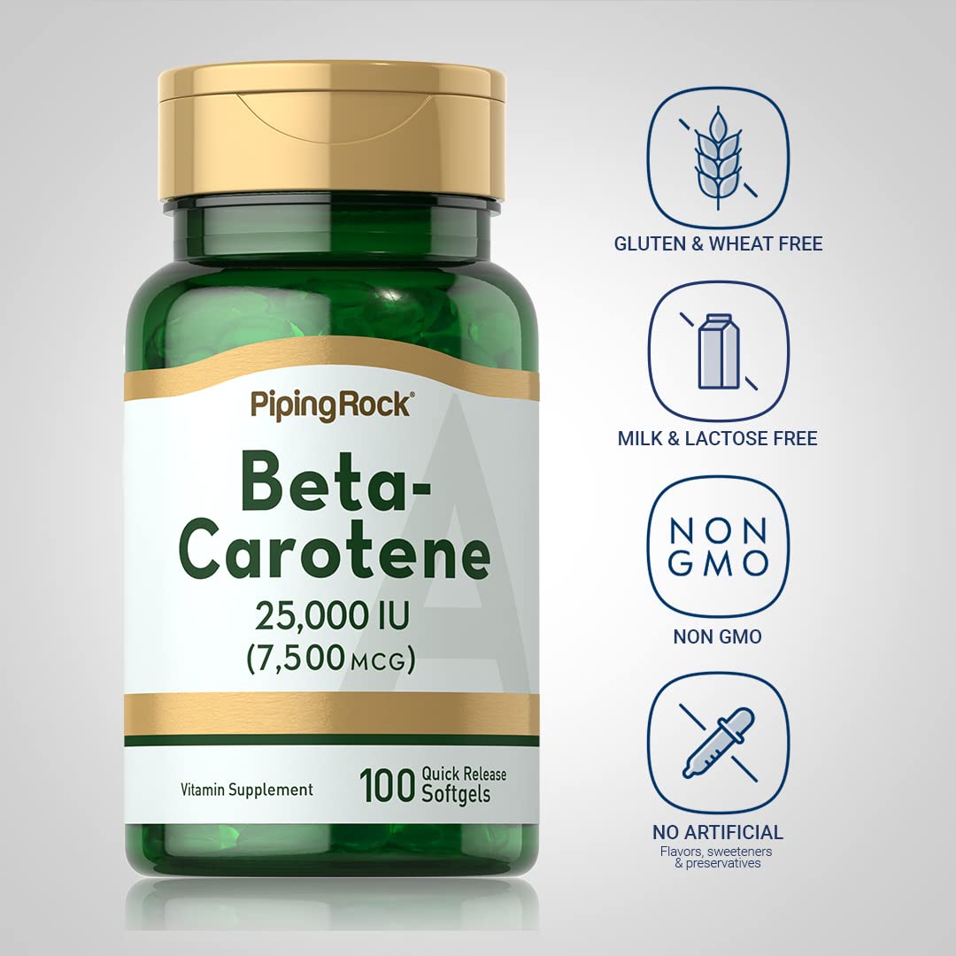 Piping Rock Beta Carotene capsules closeup with a vibrant orange hue.