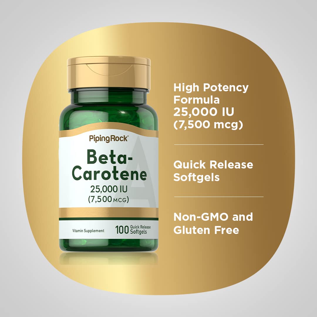 Piping Rock Beta Carotene packaging box displayed for a compact travel-ready bottle.