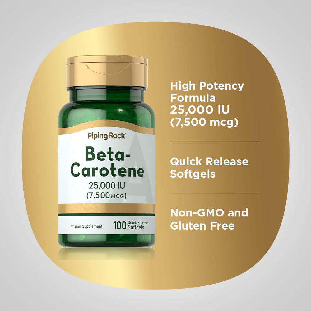 Piping Rock Beta Carotene packaging box displayed for a compact travel-ready bottle.