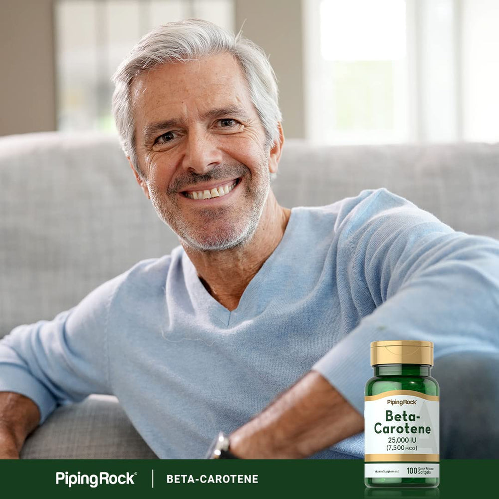 Piping Rock Beta Carotene product shot highlighting gluten-free non-GMO features.