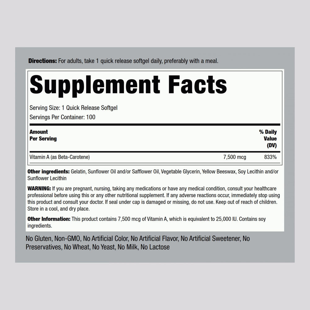 Piping Rock Beta Carotene softgels label closeup showing potency and non-GMO badge.