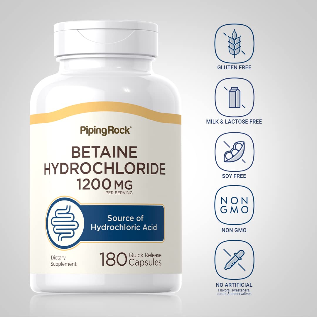 Piping Rock Betaine HCL capsules label highlights non-GMO gluten-free formulation