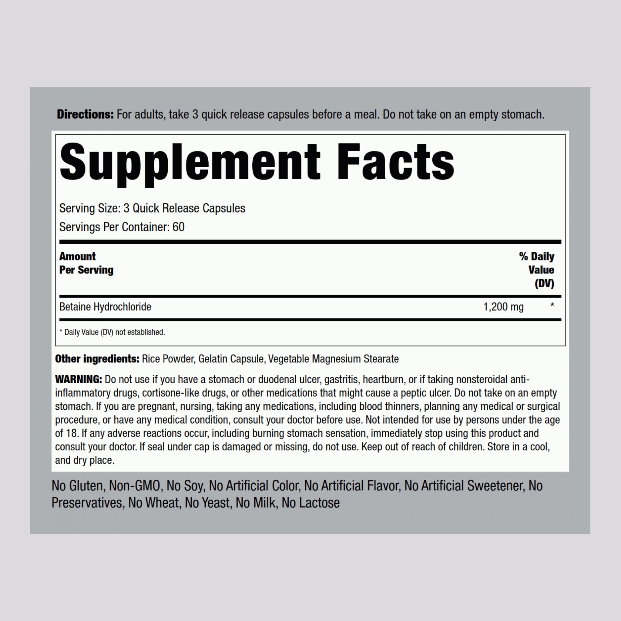 Piping Rock Betaine HCL capsules pour bottle suitable for daily routine