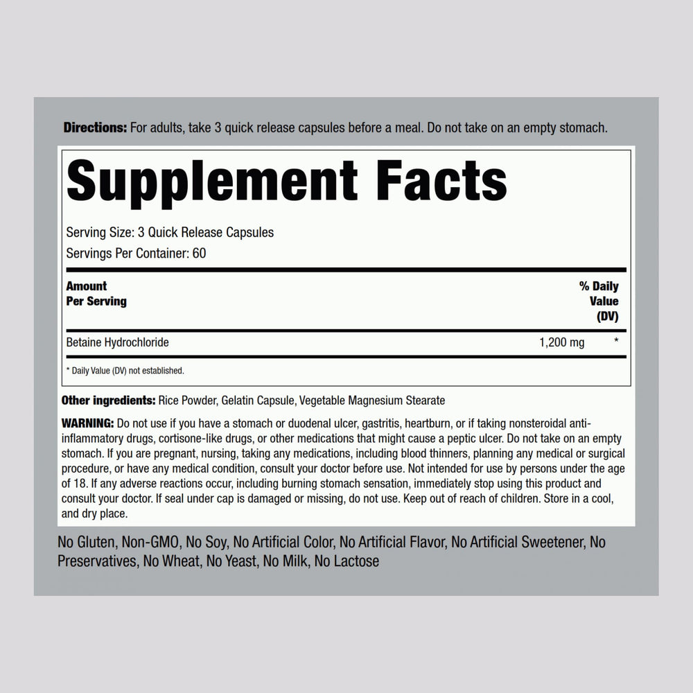 Piping Rock Betaine HCL capsules pour bottle suitable for daily routine