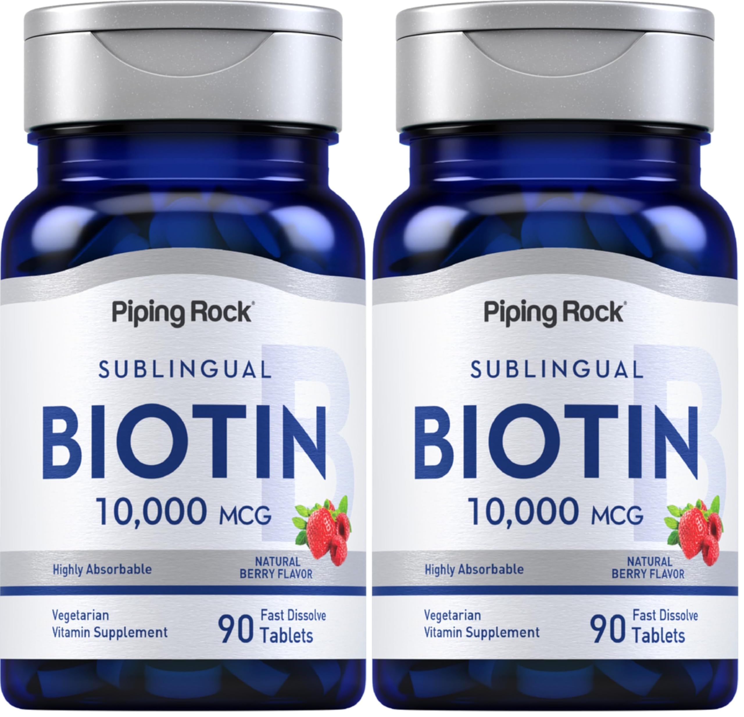 Piping Rock Biotin 10000mcg fast dissolve bottle for convenient daily use.