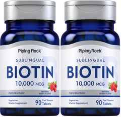 Piping Rock Biotin 10000mcg fast dissolve bottle for convenient daily use.