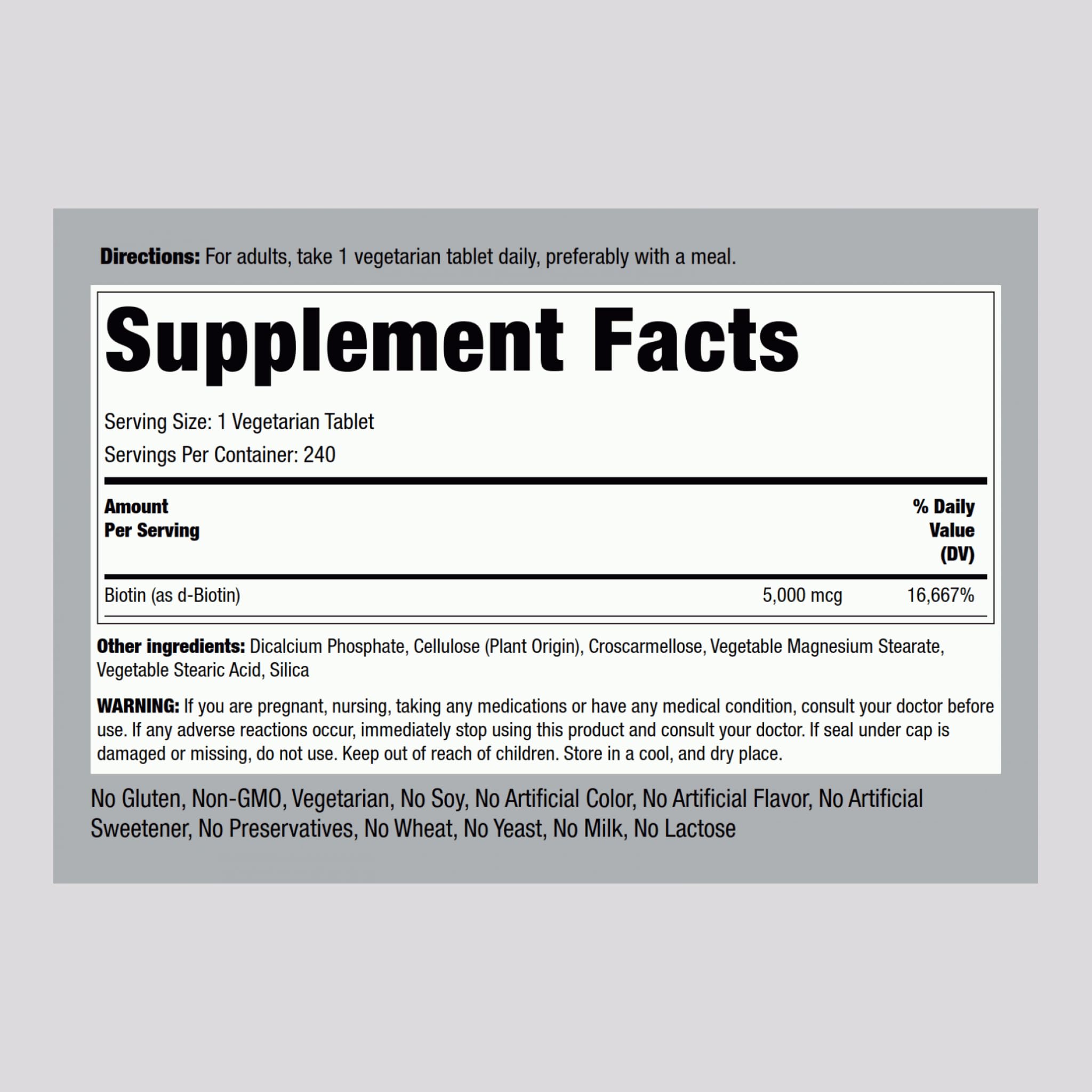 Piping Rock biotin bottle label highlighting vegetarian, non-GMO, and gluten-free features.