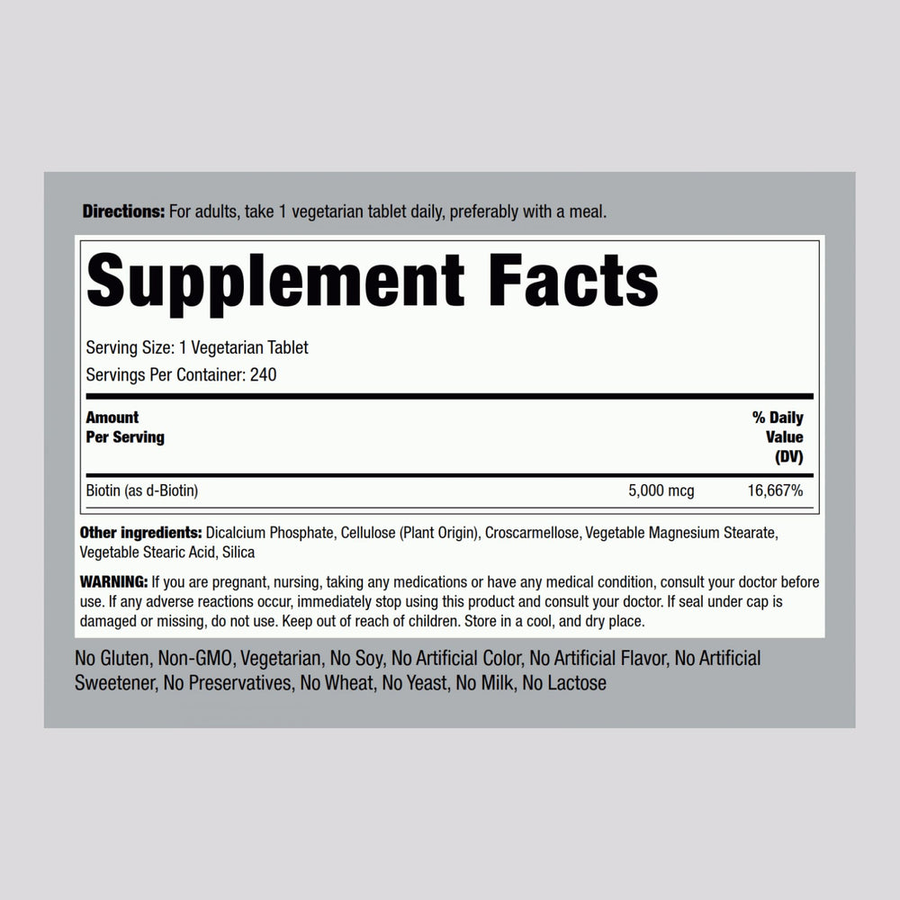 Piping Rock biotin bottle label highlighting vegetarian, non-GMO, and gluten-free features.