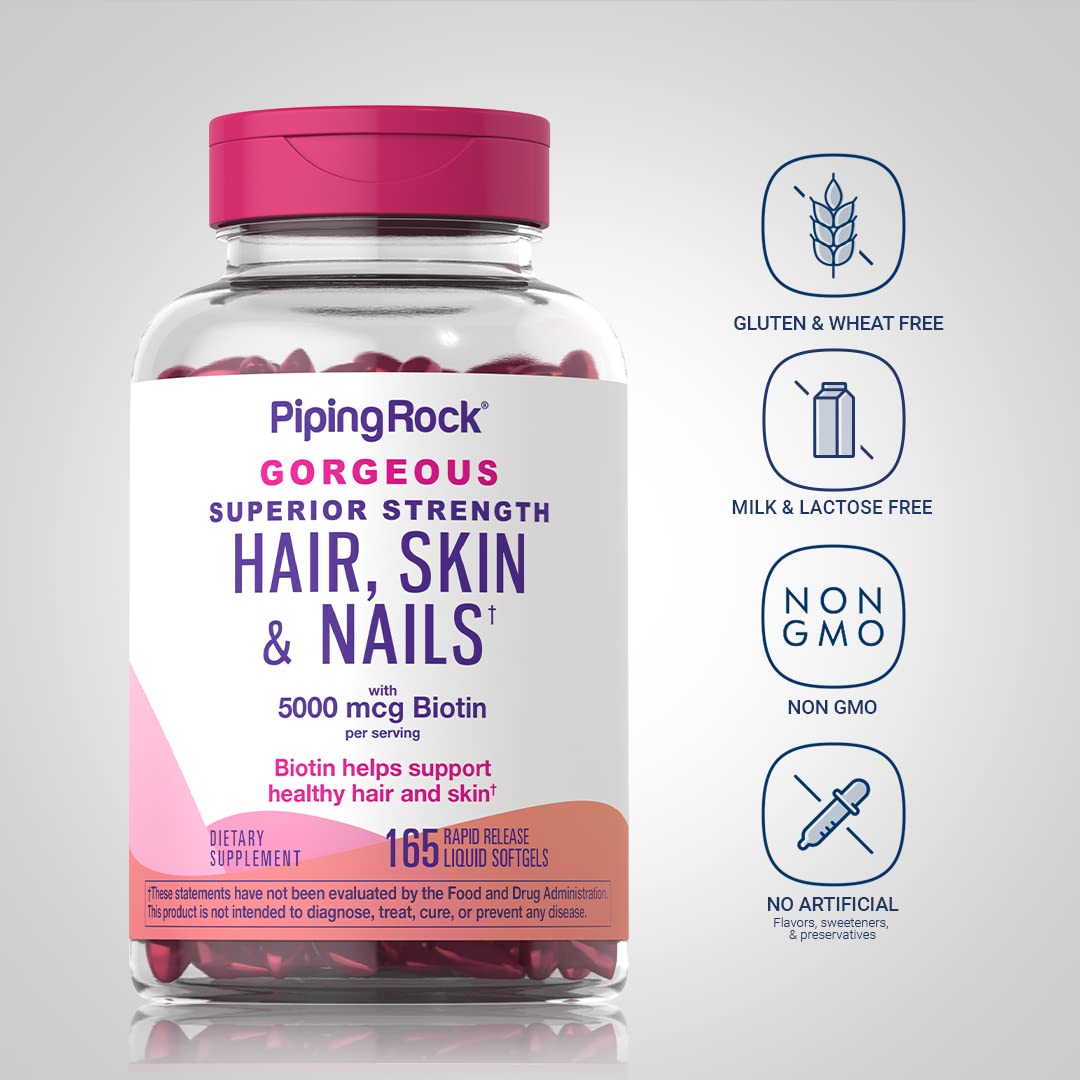Piping Rock Biotin 5000 mcg softgels ingredients panel highlights potential hair and nail support