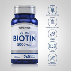 Biotin tablets shown with a glass of water for easy swallowing.
