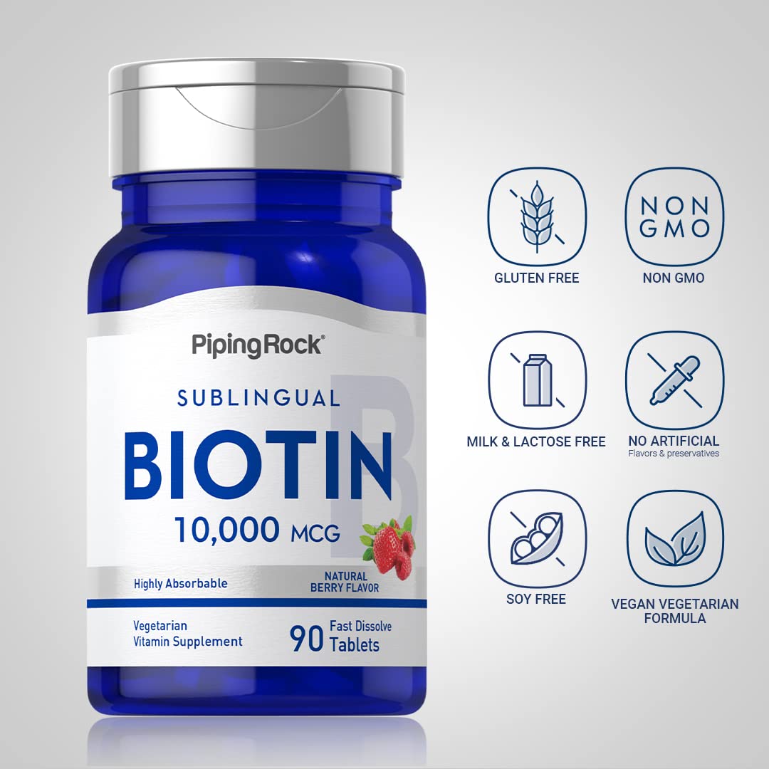 Berry-flavored sublingual biotin tablets from Piping Rock in a pack.
