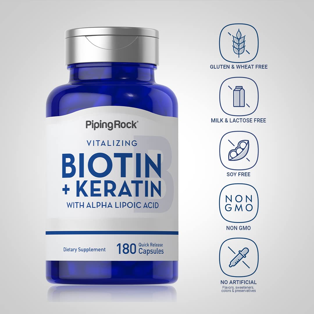 Piping Rock Biotin with keratin suggests enhanced hair strength potential