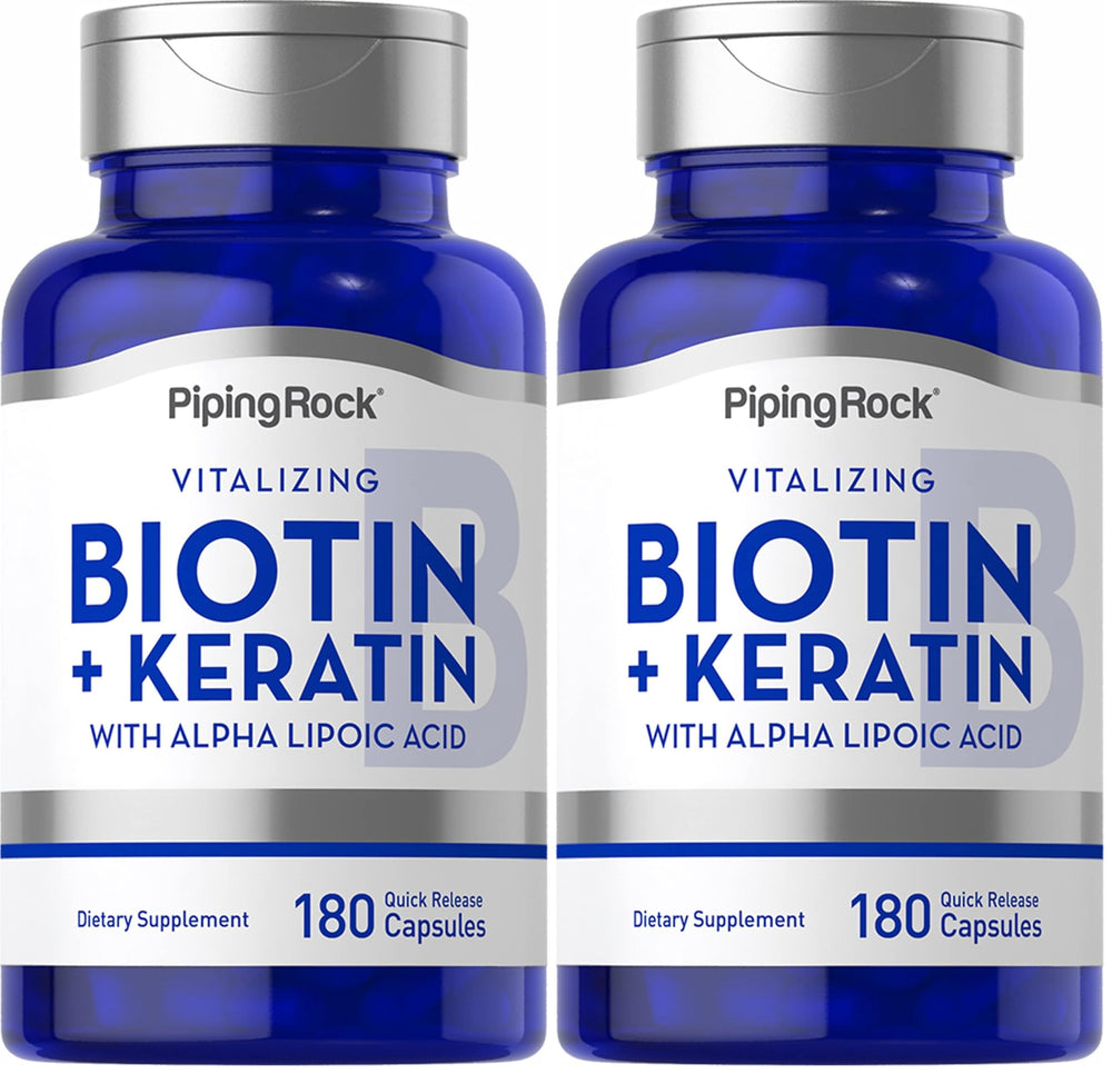 Piping Rock Biotin supplement bottle supports daily hair and nails health