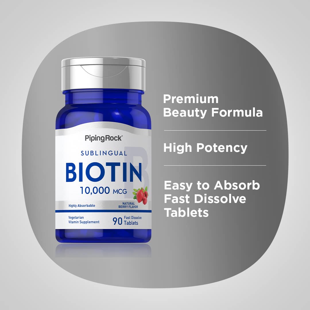 Piping Rock Biotin vegetarian supplement label highlighting vegan formula.