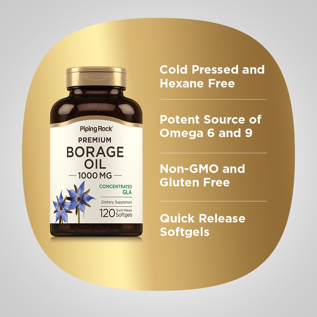 Piping Rock Borage Oil label detail showing cold-pressed, hexane-free.