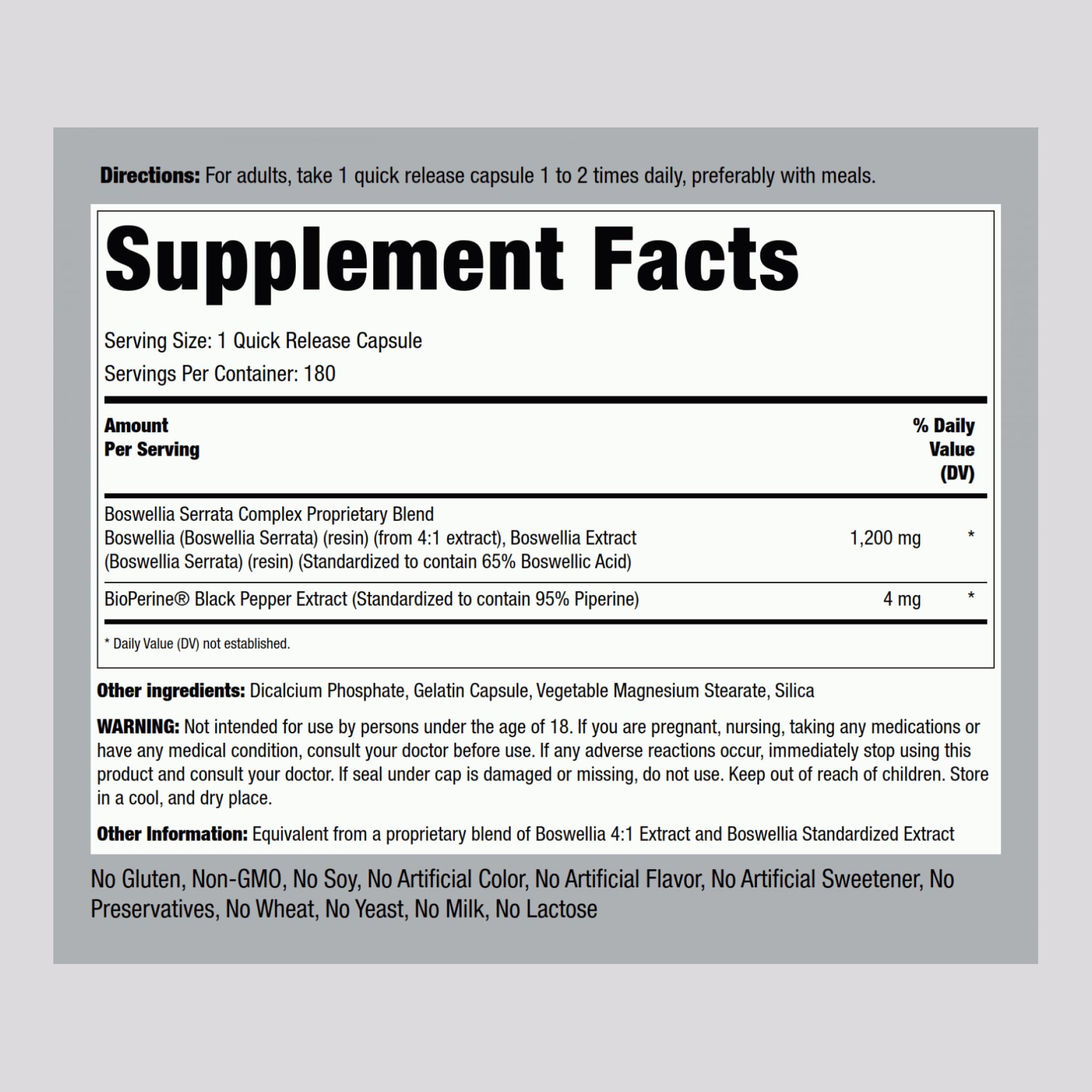 Piping Rock Boswellia Extract bottle pour displays easy-to-swallow quick-release capsules.