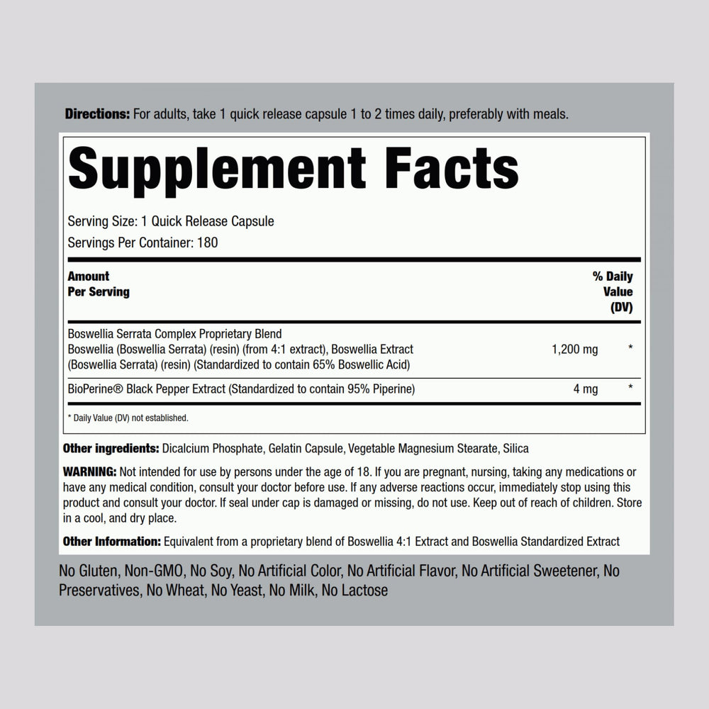 Piping Rock Boswellia Extract bottle pour displays easy-to-swallow quick-release capsules.
