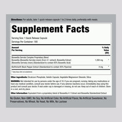 Piping Rock Boswellia Extract bottle pour displays easy-to-swallow quick-release capsules.