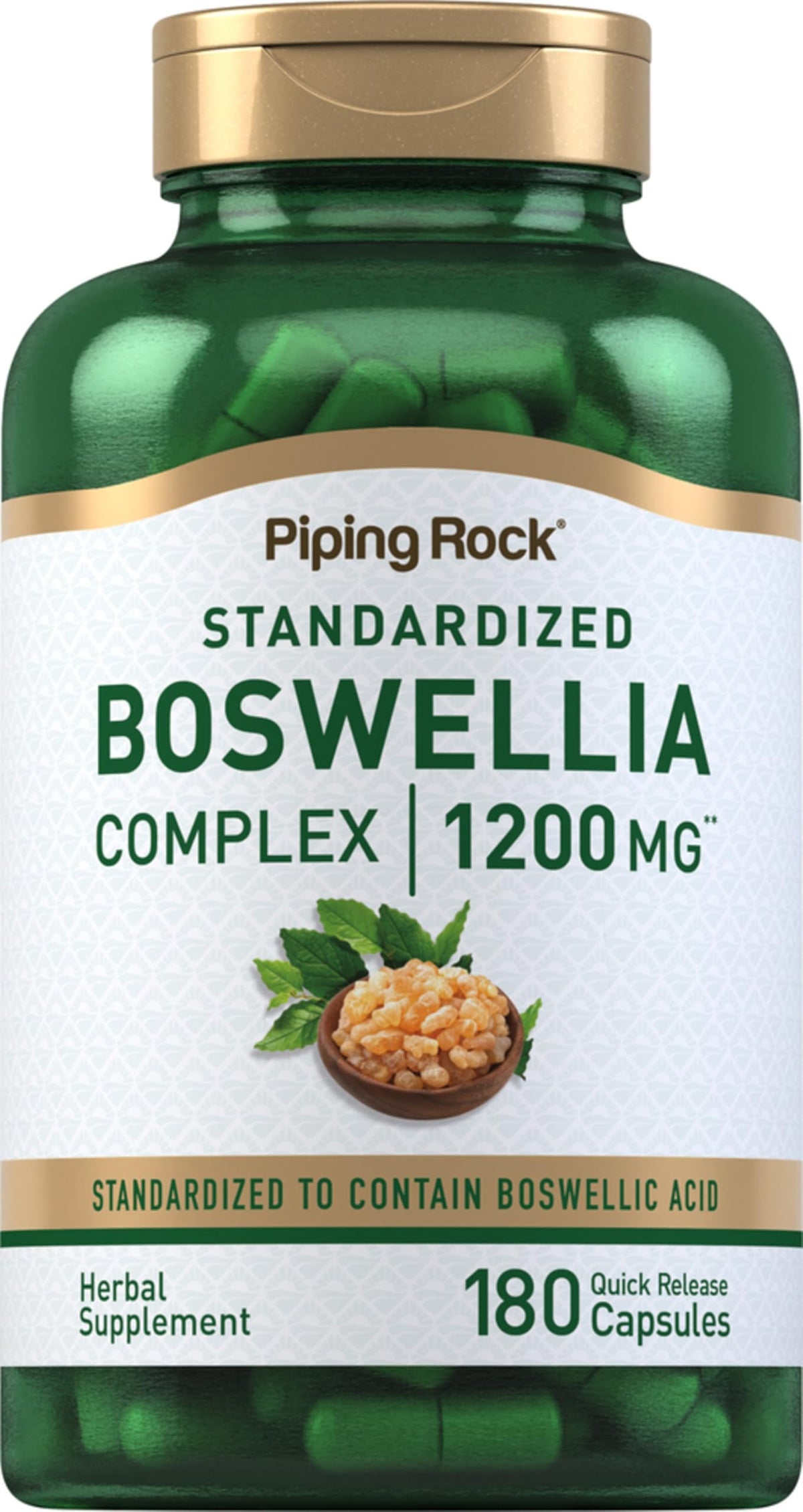 Piping Rock Boswellia Extract capsules showcase high-potency 1200 mg formula for daily use.