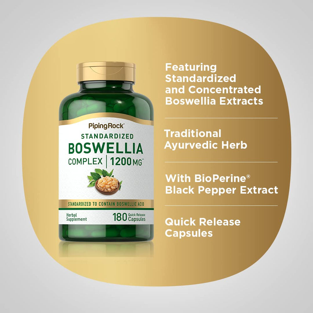 Piping Rock Boswellia Extract front bottle highlights gluten-free and non-GMO branding.